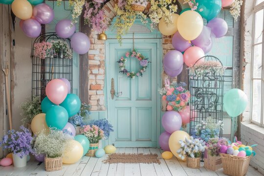 Colorful home entrance with Easter eggs, balloons and flowers. Beautiful door of home for Easter season.