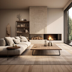 A modern living room with wall-to-wall carpeting, a fireplace, and a multi-functional coffee table