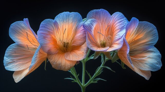  a close up of three flowers on a stem with a blue and orange flower in the middle of the picture and a black background behind it is a single flower.