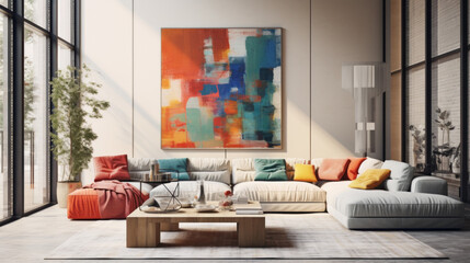 A modern living room with pops of color splashed across the walls