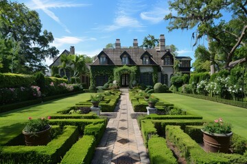 A large house with a large garden in front of it - obrazy, fototapety, plakaty