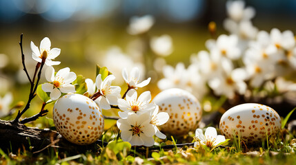 Easter eggs and spring flowers on green grass. Greeting card on an Easter theme. Happy Easter concept.