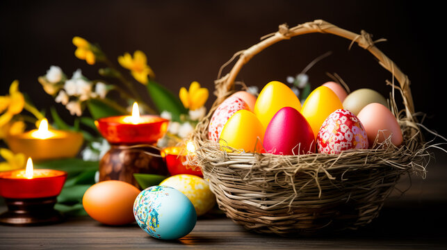Colorful easter eggs in nest with spring flowers on wooden background. Greeting card on an Easter theme. Happy Easter concept.