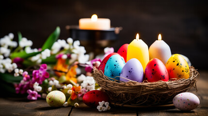 Obraz na płótnie Canvas Easter eggs in a basket with candles and flowers on wooden background. Greeting card on an Easter theme. Happy Easter concept.