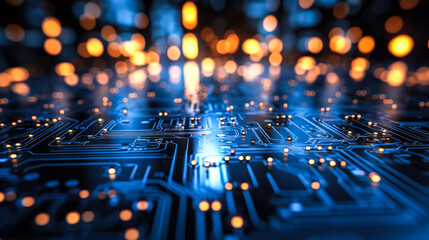 Abstract Futuristic Circuit Board, High-Technology Background with Glowing Lines and Bokeh Lights, Concept of Data Processing and Telecommunications - obrazy, fototapety, plakaty