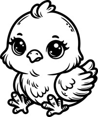 Cute baby chicken black outline vector illustration. Coloring book for kids.