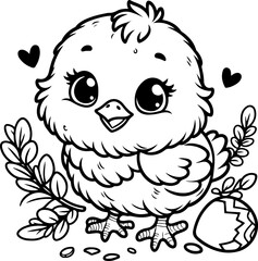 Fototapeta premium Cute baby chicken black outline vector illustration. Coloring book for kids.
