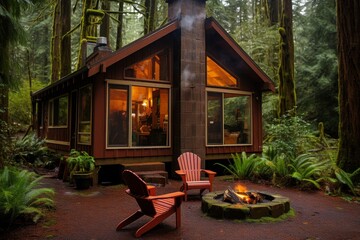 Cozy forest cabin with warm fireplace, rustic wooden exterior, tall trees, and winding path