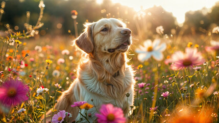 A dog sits on a beautiful flower field and sneezes while sniffing flowers, on the blurred colored background. The concept of allergy to pollen, animals, pets, dogs and cats, seasonal allergies. - obrazy, fototapety, plakaty