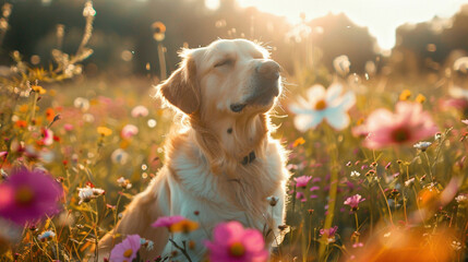 A dog sits on a beautiful flower field and sneezes while sniffing flowers, on the blurred colored background. The concept of allergy to pollen, animals, pets, dogs and cats, seasonal allergies. - obrazy, fototapety, plakaty