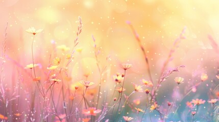 Sunlit wildflowers in soft focus with magical bokeh effect. Dreamy meadow with glowing flowers and sparkling light. Warm sunrise over a field of delicate wild blooms and twinkling lights.