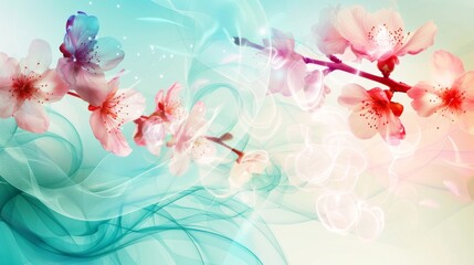 Abstract cherry blossoms on teal background with flowing lines and shapes. A serene digital artwork featuring cherry blossoms against a teal background with flowing abstract lines.