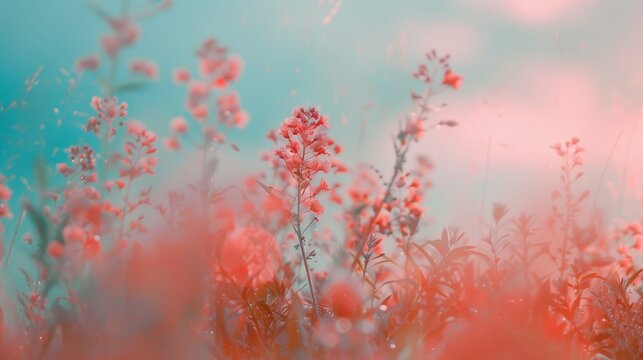 Misty meadow with red wildflowers in soft focus. Serene landscape with red blooms in a dreamy haze. Artistic representation of a field with red flora and misty atmosphere.