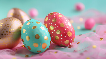 Blue and red easter eggs white golden patterns.