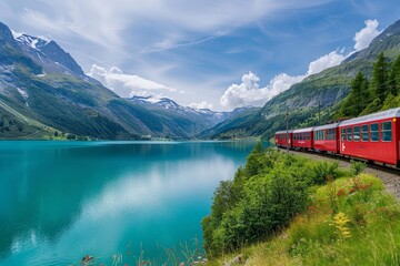 The train is red and is passing by a lush green forest