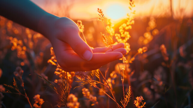 clear summer vibe a hand touch the dry grass in the morning warm golden light