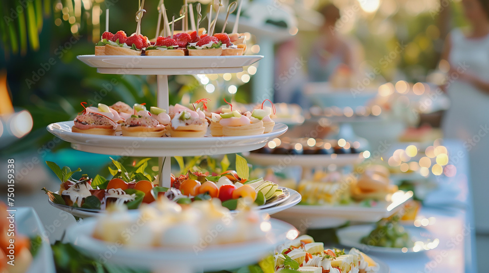 Wall mural outdoor wedding or elegant party buffet table with fruity, sweet and salty appetizer little cake and