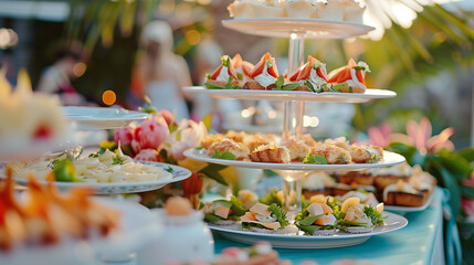 Outdoor Wedding or elegant party buffet table with fruity, sweet and salty appetizer little cake and bites  - obrazy, fototapety, plakaty