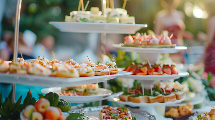 Outdoor Wedding or elegant party buffet table with fruity, sweet and salty appetizer little cake and bites  - obrazy, fototapety, plakaty