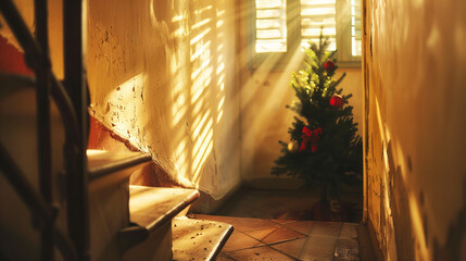 little christmas tree in a sunny warm place staircase mediterranean place