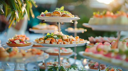 Outdoor Wedding or elegant party buffet table with fruity, sweet and salty appetizer little cake...