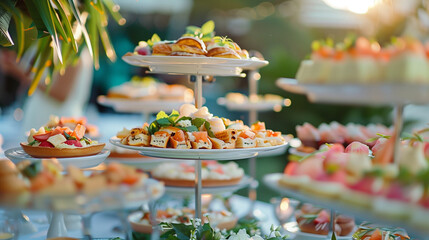 Outdoor Wedding or elegant party buffet table with fruity, sweet and salty appetizer little cake and bites  - obrazy, fototapety, plakaty