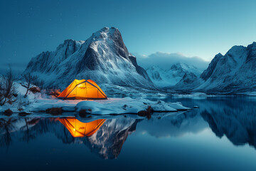 sunset in the icy snowy mountains with a warm lighted tent winter camping at the north - obrazy, fototapety, plakaty