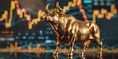 Bulls are back and ready to run on cryptocurrency market golden bull figures with stock graph background