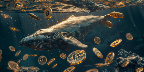 Big vrypto holder whale start to swim and manipulate bitcoin exchange rate and the market rise or push down - obrazy, fototapety, plakaty