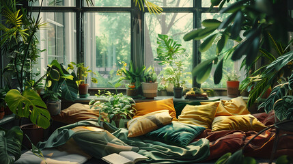 cozy nook with a lot of pillows and plants - Powered by Adobe