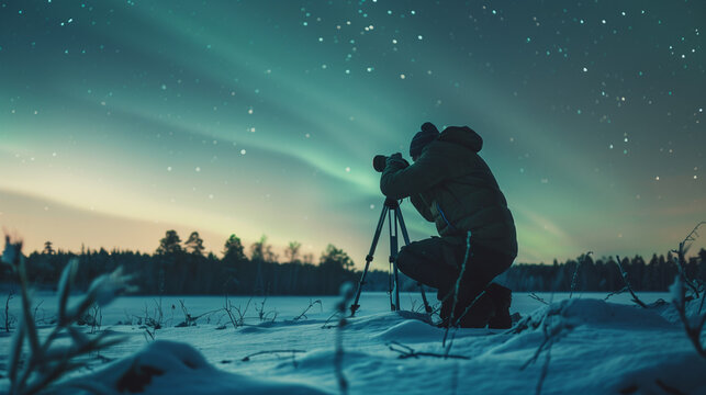 Photographer under the northern light aurora borealis takeing long expositure photos about the night sky 