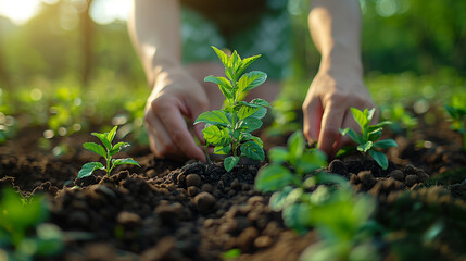 photo of hands planting or thinning out seedlings in the morning lights - obrazy, fototapety, plakaty