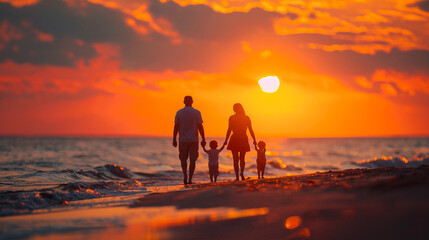 Family Union at Sunset: Mother, Father and Children Enjoy Warm Twilight Light on a Golden Beach.