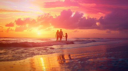 Fototapeta na wymiar Golden Moment: Happy Family at Sunset on a Warm Beach, Creating a Serene and Evocative Atmosphere.