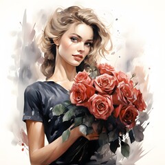 Naklejka premium young woman adorned with a beautiful flower bouquet