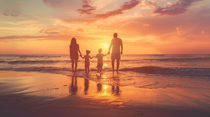 Family Sunset: Atmosphere of Joy with a Happy Family on the Beach, Coloring the Sky with Emotions.