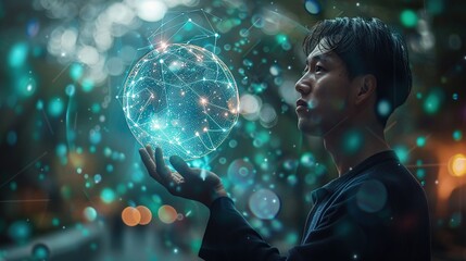 Naklejka premium Confident businessman holding a holographic transparent globe, symbolizing global vision and leadership.