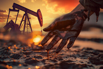 Crude oil production. Hands of worker in crude oil. Oil spilled in hands of worker during crude extraction. Oilfield Accident. Spilled petroleum products. Oil industry Crisis. Economic downturn