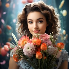 Naklejka premium young woman adorned with a beautiful flower bouquet