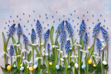 Decorative spring background with muscari flowers, snowdrops, leaves and candy eggs. Easter card. - 750160751