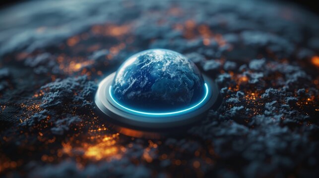 A blue gradient earth planet with an electric power button. A HUD key. A light switch. NASA provided the elements of this image.