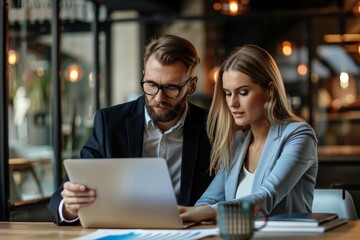 A man and a woman are sitting at a table looking at a laptop