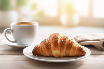 French croissant pastry on plate with coffee cup in background - obrazy, fototapety, plakaty