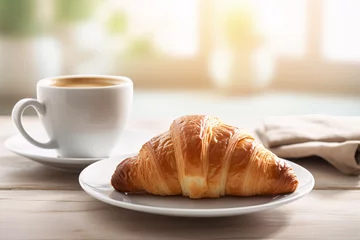 Fototapeten French croissant pastry on plate with coffee cup in background © Firn