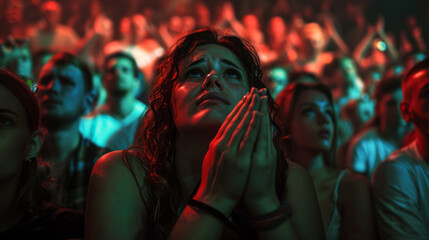 Spectators staring as if praying. People stare at the stage and watch in fascination. Crown at a concert. - obrazy, fototapety, plakaty
