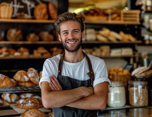 Baker standing in a bakery with hands crossed