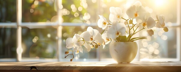 Elegant white orchid in a vase under sunlight on a wooden table in a spa setting. Concept Spa...