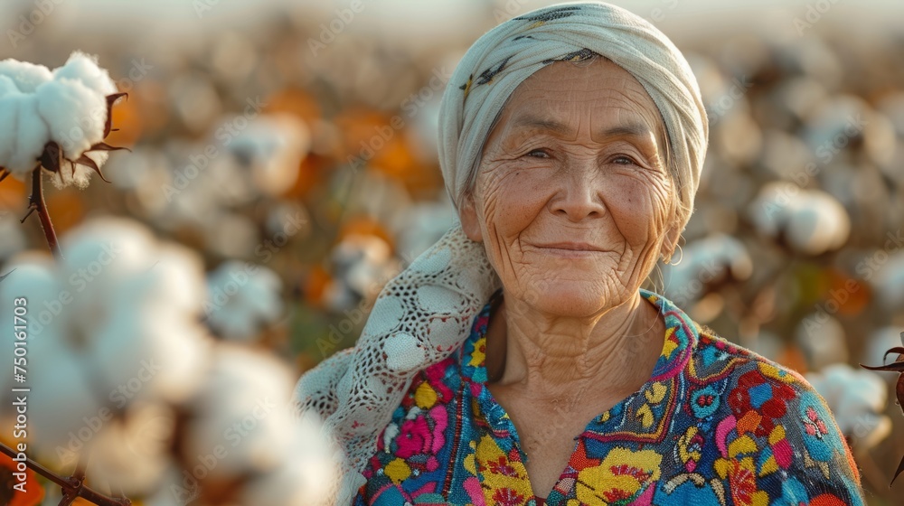 Wall mural mature Uzbek woman in a cotton field. harvesting.