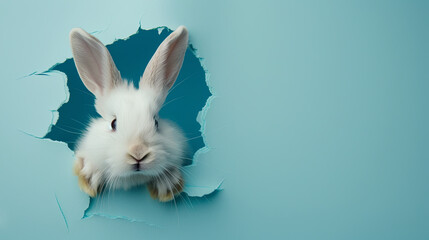 white Easter bunny peeking out of paper, blue background with space for text