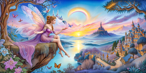 Fototapeta na wymiar a fairy on a cliff with a castle in the background, fantasy painting, fairytale artwork. magical fairy background. Scenic, fantasy, magic fairyland. fantasy landscape, fairy palace. 